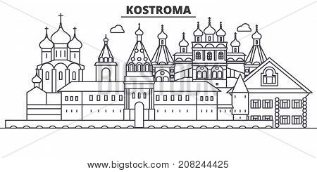 Russia, Kostroma architecture line skyline illustration. Linear vector cityscape with famous landmarks, city sights, design icons. Editable strokes