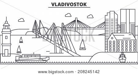 Russia, Vladivostok architecture line skyline illustration. Linear vector cityscape with famous landmarks, city sights, design icons. Editable strokes