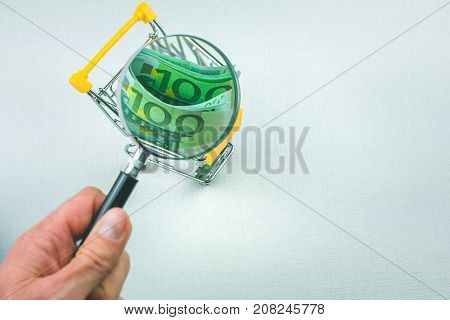 hundert euro banknotes in the shoping cart. Zoomed with magnifier.