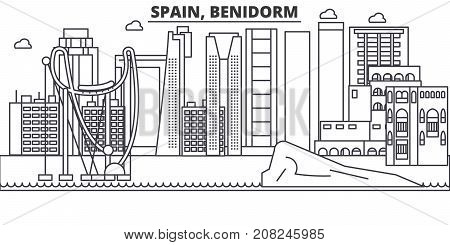 Spain, Benidorm architecture line skyline illustration. Linear vector cityscape with famous landmarks, city sights, design icons. Editable strokes