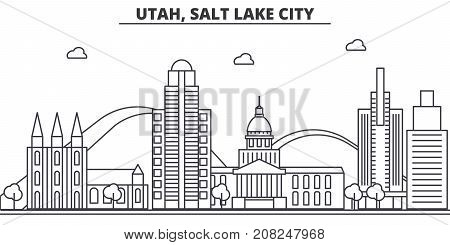 Utah, Salt Lake City architecture line skyline illustration. Linear vector cityscape with famous landmarks, city sights, design icons. Editable strokes