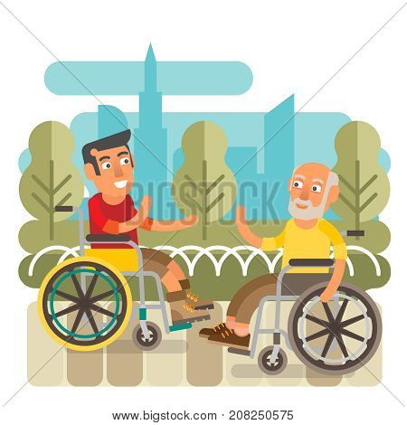 Differently abled friends on wheelchairs meeting illustration