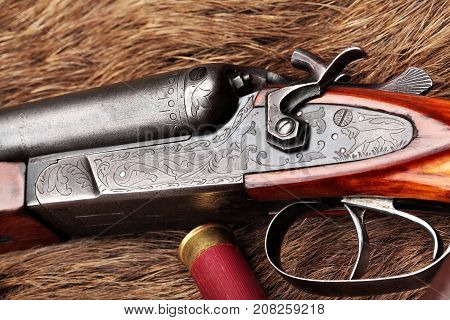 Hunting Retro Shotgun Closeup With Shotgun Shells.selective Focus.concept Hunting