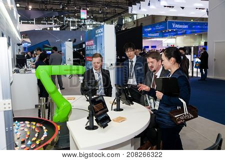 Hannover, Germany - March, 2017: Fanuc industrial robot hand on exhibition Cebit 2017 in Hannover Messe, Germany