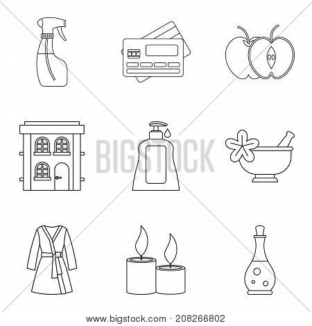 Masseur icons set. Outline set of 9 masseur vector icons for web isolated on white background