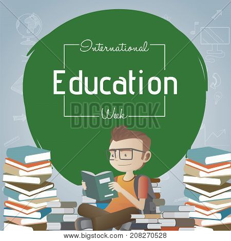 International Education Week, IEW. Young boy reading books conceptual illustration vector.