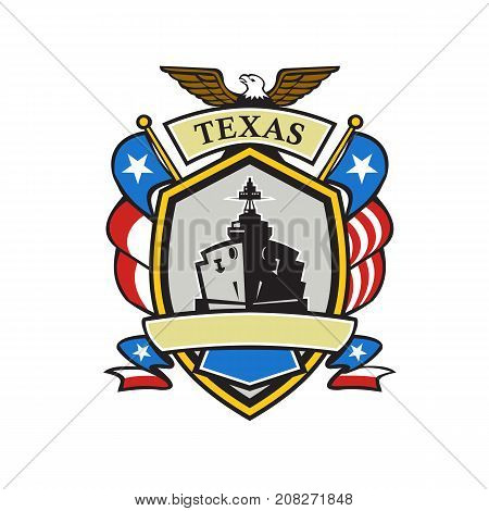 Retro style illustration of an emblem or coat of arms showing a Battleship and American eagle with Texas Lone Star flag and USA stars and stripes spangled banner set iside crest shield.