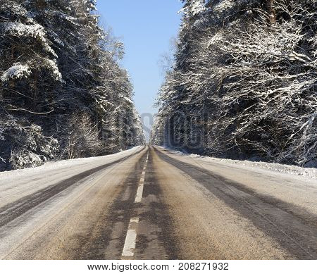 Rural Road Covered With Asphalt In The Winter Season. Forest And Blue Sky