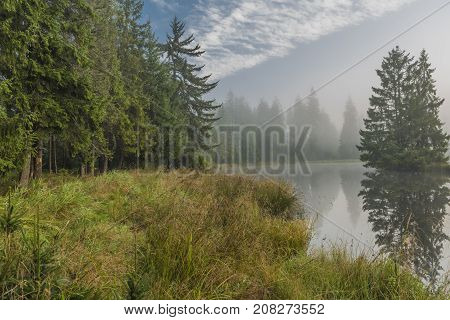 Morning Fog Near Bahnak Ponds In Autumn Kladska Village