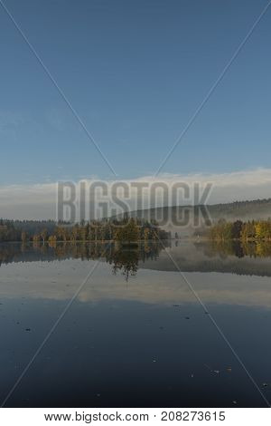 Blue Morning Near Kladska Pond In Autumn Time With Fog