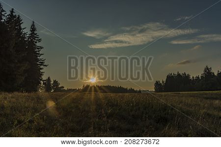 Sunset In Slavkovsky Les National Park In Autumn Evening