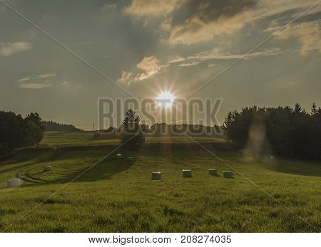Sun And Field In Color Evening In Slavkovsky Les National Park In Autumn Time
