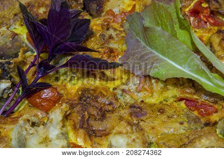 The pollock is baked in the oven in an egg with tomatoes, lettuce and basil.