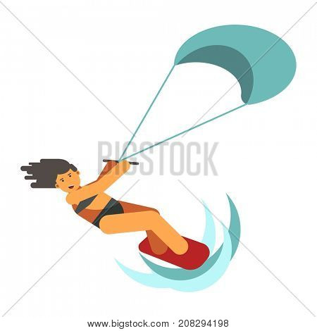 Dark-haired woman practices kiteboarding flat design on white background.