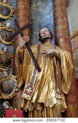 BELEC, CROATIA - JULY 09: Saint John of Nepomuk statue on altar in the Baroque Church of Our Lady of the Snow in Belec, Croatia on July 09, 2016.