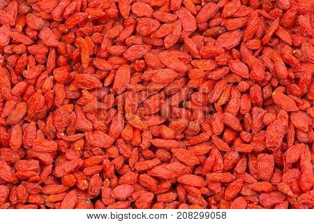 Closeup texture of dried red Goji berry, Wolfberry fruit (Lycium barbarum) used in traditional Chinese medicine