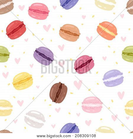 Macarons tasty cake set different colors macaroon s with fruit vector illustration. Dessert fruit macaroon and sweet cake traditional sweet macaroon biscuit seamless pattern background