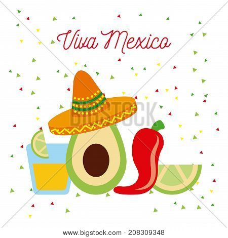 vive mexico avocado hat chili tequila and lemon vector illustration