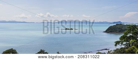 Panorama view of Phang-Nga bay with very small islands view from Cape Yamu Phuket Thailand. It is at east coast of Phuket that is very calm and quite side.