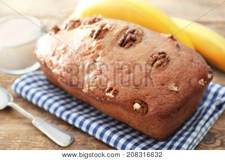 Tasty banana nut bread on table