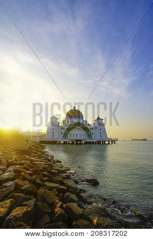 Majestic View Of Malacca Straits Mosque During Sunset