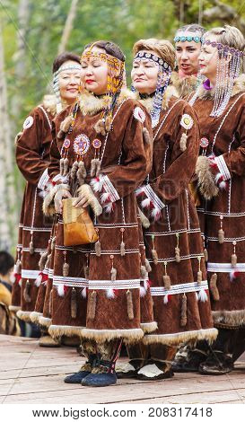 KAMCHATKA RUSSIA - SEPTEMBER 09 2017: Aborigine of Kamchatka dancing on dance marathon. Feast of the Aborigines of Kamchatka 