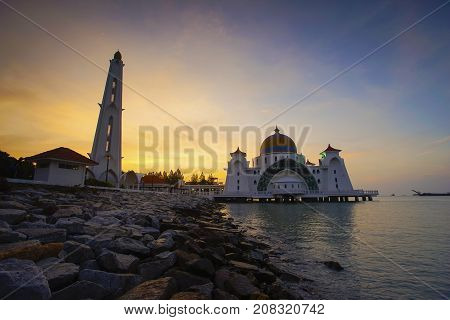 Majestic View Of Malacca Straits Mosque During Sunset