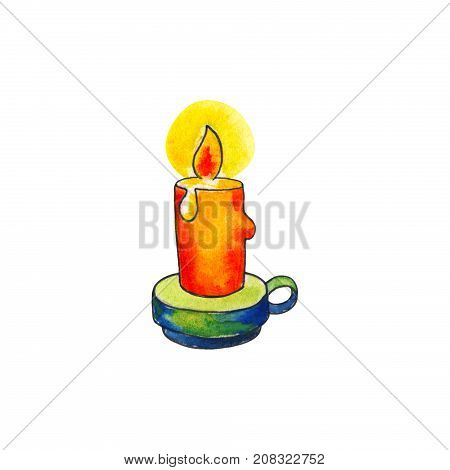 Candle with fire by watercolor on white background. Lightening candle in candlestick handdrawn illustration. Fired wax candle. Vintage night lighting. Orange candle doodle icon. Hygge interior design