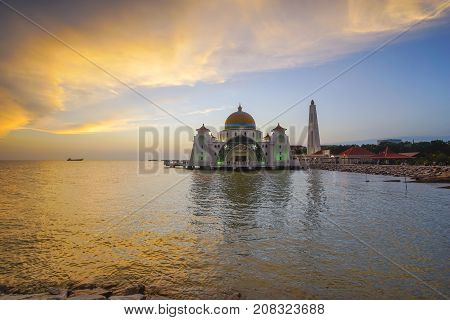 Majestic View Of Malacca Straits Mosque During Sunset