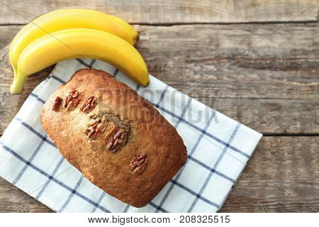 Tasty banana nut bread on table