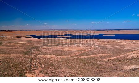 Landscape of Sudochye lake aka part of former Aral sea at Urga fishing village at Karakalpakstan Uzbekistan