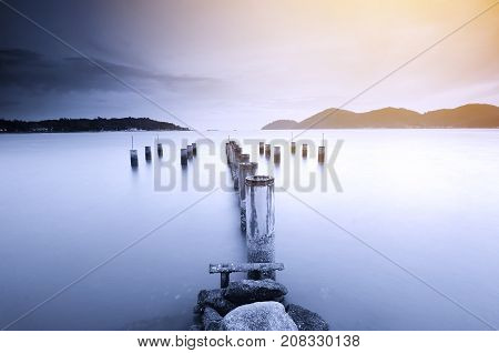 Beautiful Sunset View With Wooden Jetty At Marina Island, Lumut Perak Malaysia. Nature Composition