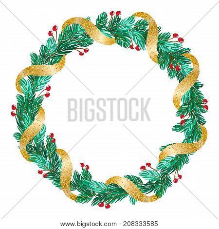 green Christmas vector wreath with golden ribbon and decorations on white background with place for text.