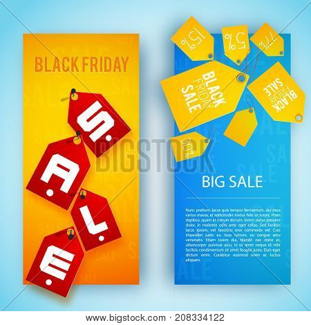 Two multicolored isolated sale banner set with yellow and red tags on banners vector illustration