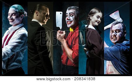 The crazy clown holding a knife on dack. Halloween concept of horror and murderer. collage