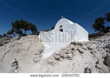Traditional Greek chapel at Monolithos castle Rhodes