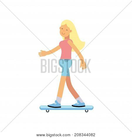 Smiling teen girl scateboarding, active lifestyle vector Illustration on a white background