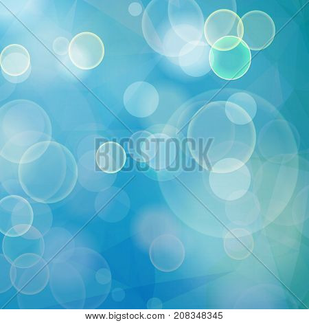 Abstract blue bokeh geometric background with bubbles and triangular polygons