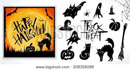 Halloween clipart set with card sample. Hand drawn pictures, vector illustration. Template for banners, posters, merchandising, cards or photo overlays.