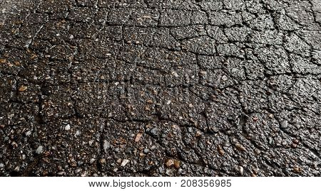 Wet cracked asphalt road after the rain. Asphalt perspective. Asphalt background. Background and texture