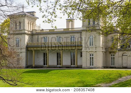 close up rear end with slant park at dundurn castle in city of hamilton ontario canada trees green grass white sky