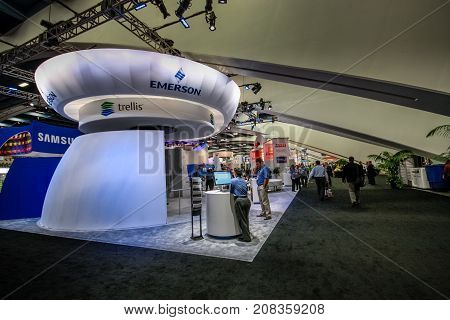 SAN FRANCISCO CA US - OCT 4 2011: Booth of Emerson company at exhibition of Oracle OpenWorld conference in San Francisco on October 4 2011.