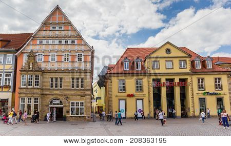 HAMELN, GERMANY - MAY 22, 2017: Shops at the central market square of Hameln, Germany