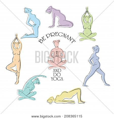 Set of Yoga for pregnant colour vector illustration. Be pregnant do yoga text. Relax exercises