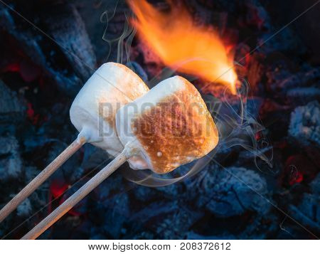 Two brown sweet marshmallows roasting over fire flames. Marshmallow on skewers roasted on charcoals.