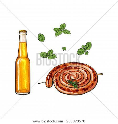 Cold beer and grilled, barbequed Cumberland sausage, sketch style vector illustration on white background. Realistic hand drawing of grilled, fried, barbequed Cumberland sausage and bottle of beer