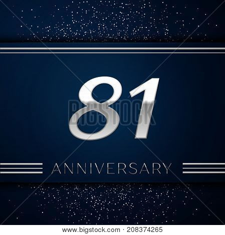 Realistic Eighty one Years Anniversary Celebration Logotype. Silver numbers and silver confetti on blue background. Colorful Vector template elements for your birthday party