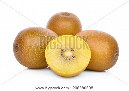 whole and half of yellow or gold kiwi fruit isolated on white background