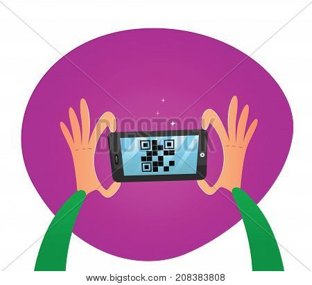 Hands holding mobile phone. Scan QR code to mobile phone. Vector illustration.