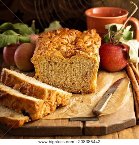 Apple bread rustic style with freshy picked apples and cinnamon, fall baking concept